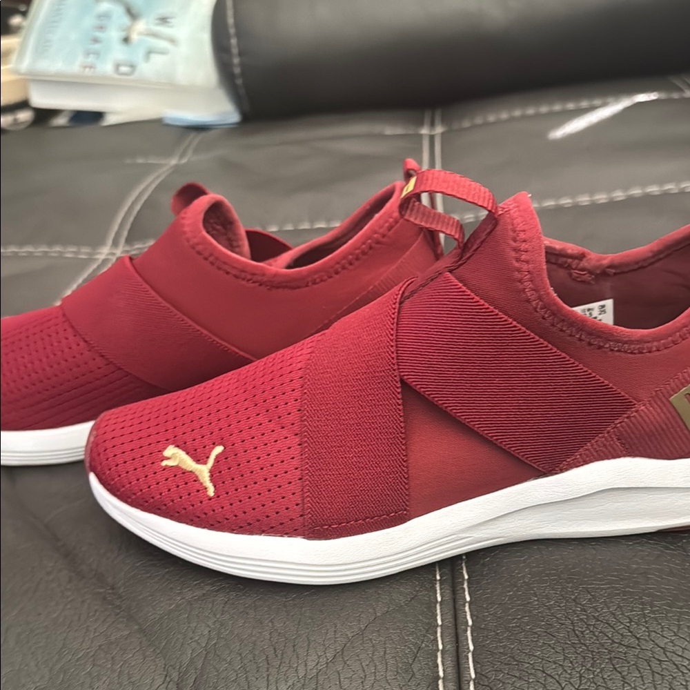 Puma Burgundy Slip-On Shoes with Gold Accent